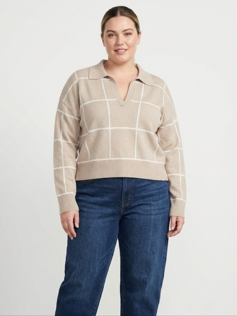 TAHARI Womens Size XL Neutral‎ Cozy Classic Plaid Polo Sweater Beige/Cream White